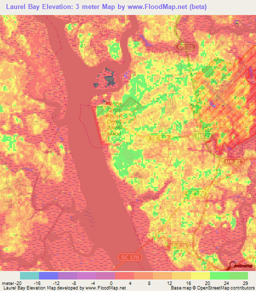 Laurel Bay,US Elevation Map