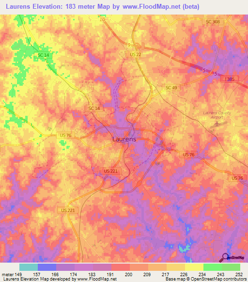 Laurens,US Elevation Map