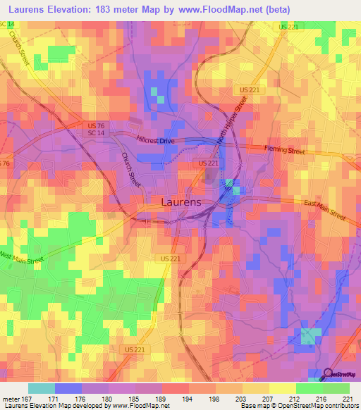 Laurens,US Elevation Map