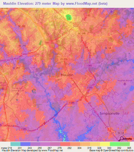 Mauldin,US Elevation Map