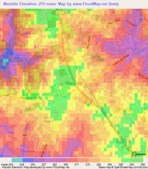 Mauldin,US Elevation Map