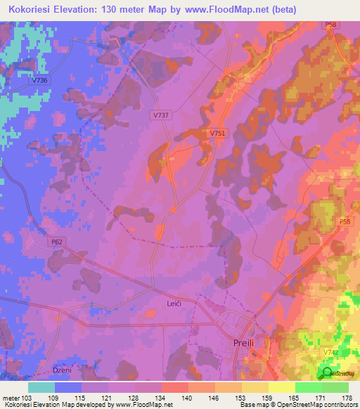 Kokoriesi,Latvia Elevation Map