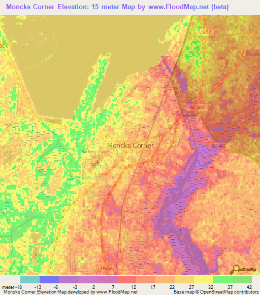 Moncks Corner,US Elevation Map