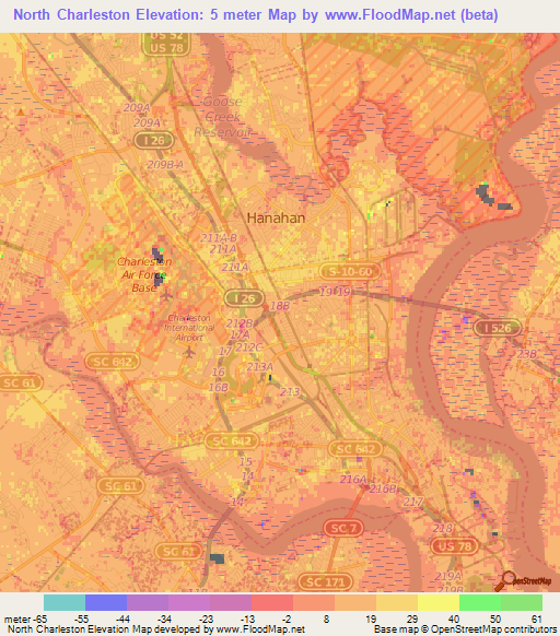 North Charleston,US Elevation Map