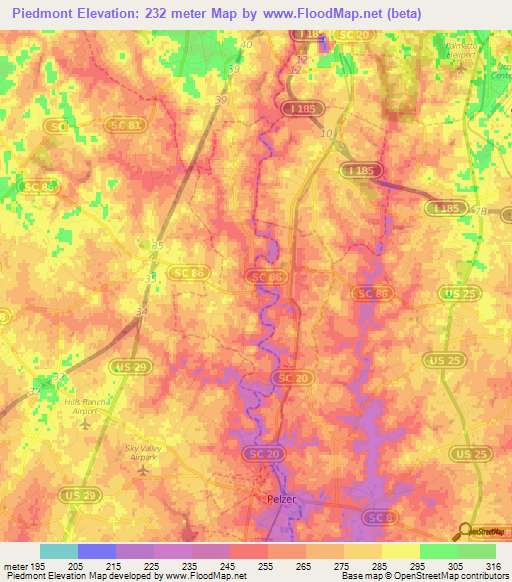 Piedmont,US Elevation Map