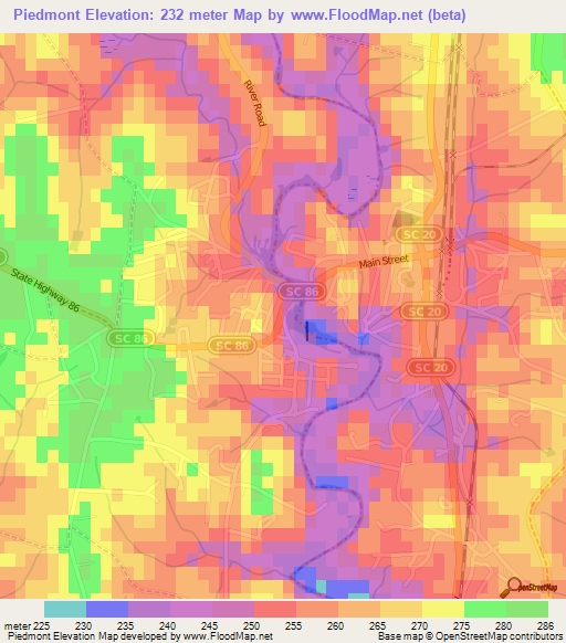 Piedmont,US Elevation Map