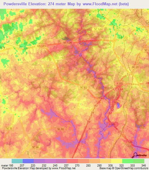 Powdersville,US Elevation Map