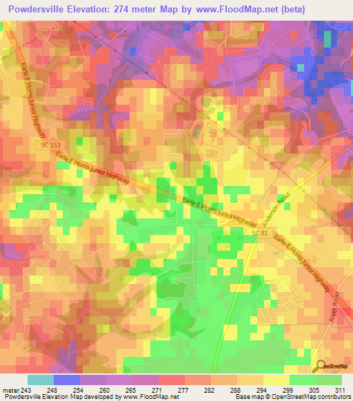 Powdersville,US Elevation Map