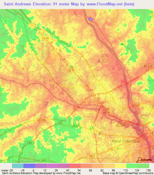 Saint Andrews,US Elevation Map