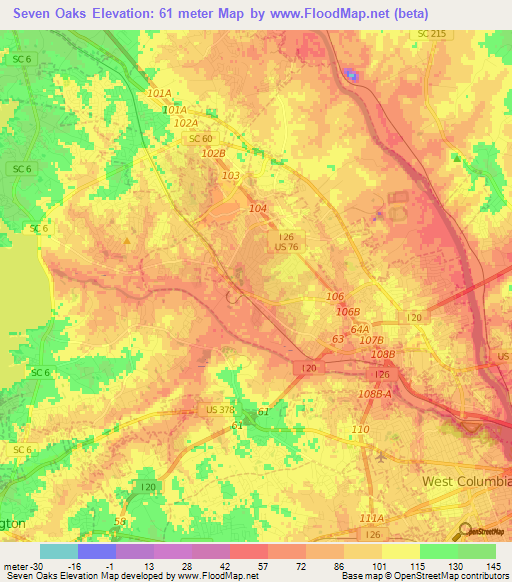 Seven Oaks,US Elevation Map