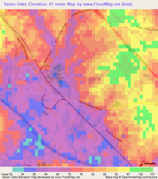 Seven Oaks,US Elevation Map