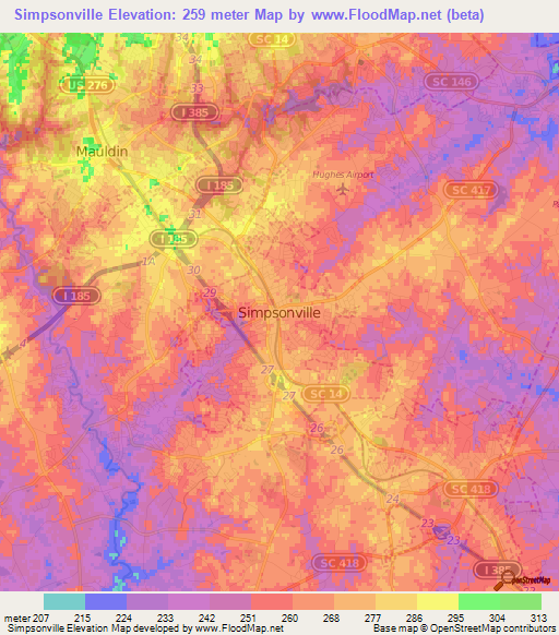 Simpsonville,US Elevation Map