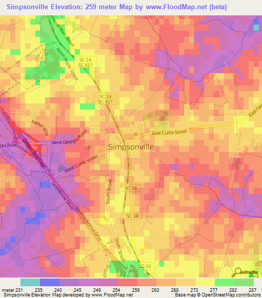 Simpsonville,US Elevation Map