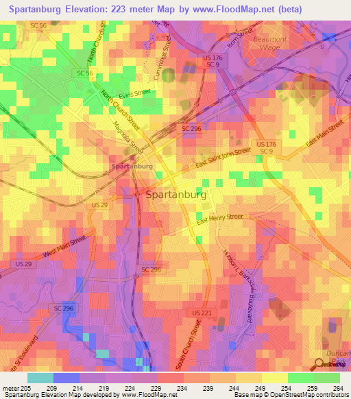 Spartanburg,US Elevation Map