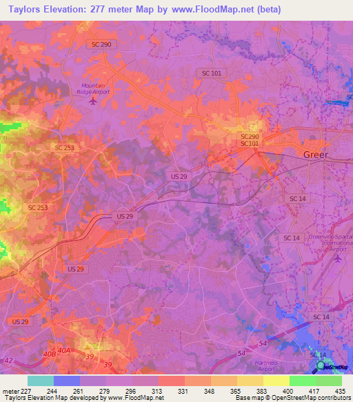 Taylors,US Elevation Map