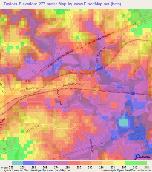 Taylors,US Elevation Map