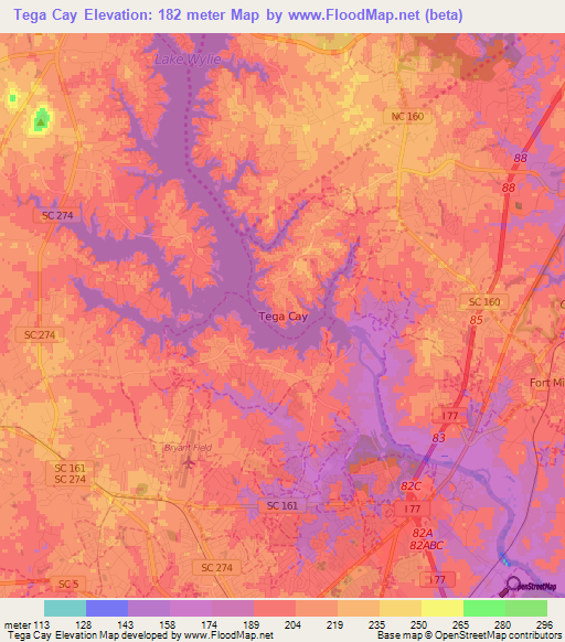 Tega Cay,US Elevation Map