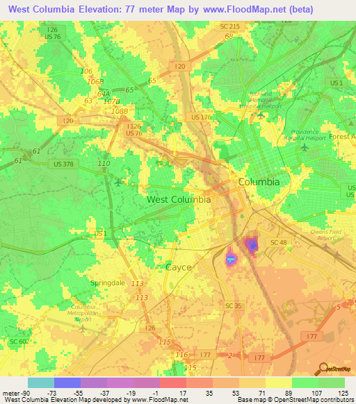 West Columbia,US Elevation Map