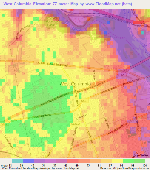 West Columbia,US Elevation Map