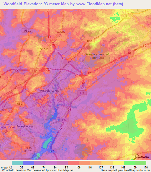 Woodfield,US Elevation Map