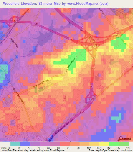 Woodfield,US Elevation Map