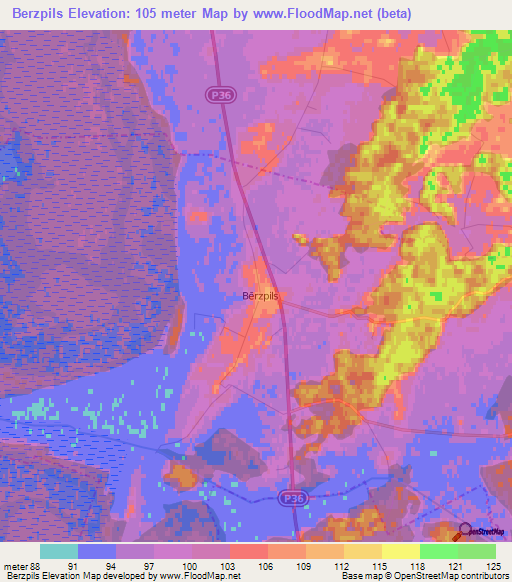 Berzpils,Latvia Elevation Map