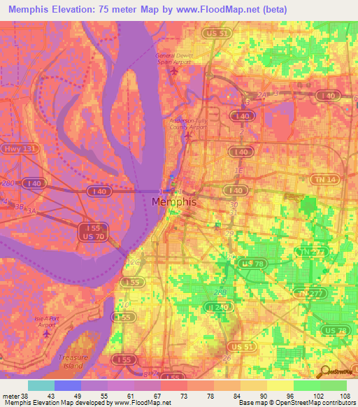 Memphis,US Elevation Map