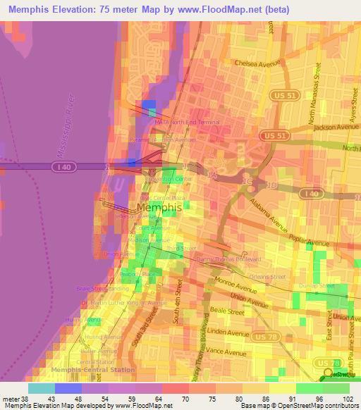 Memphis,US Elevation Map