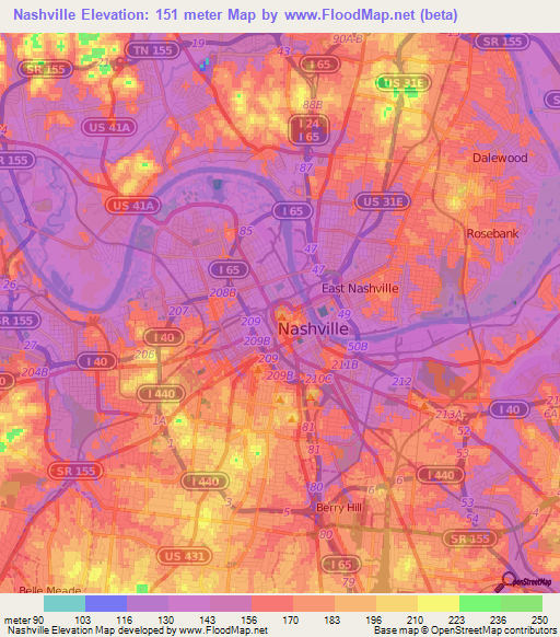 Nashville,US Elevation Map