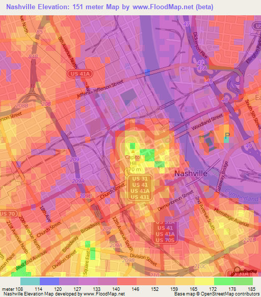 Nashville,US Elevation Map