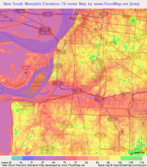 New South Memphis,US Elevation Map