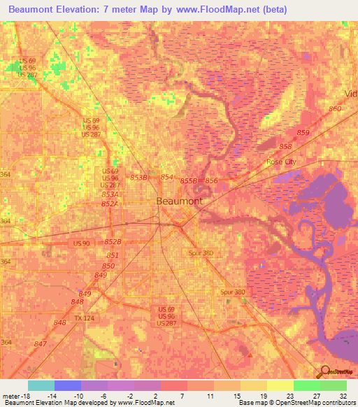 Beaumont,US Elevation Map