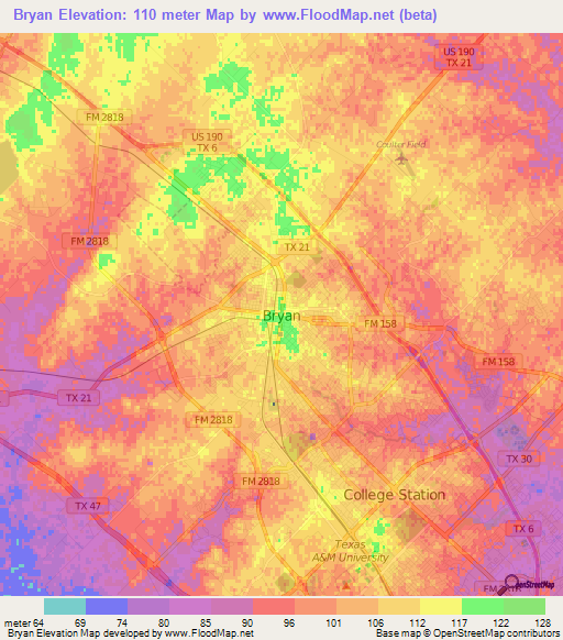 Bryan,US Elevation Map