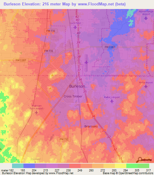 Burleson,US Elevation Map