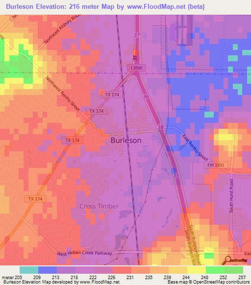 Burleson,US Elevation Map