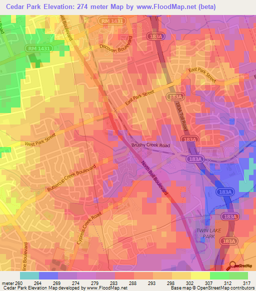 Cedar Park,US Elevation Map