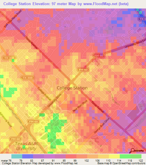 College Station,US Elevation Map