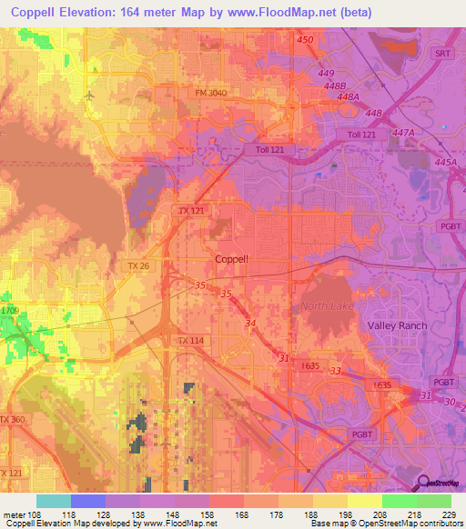 Coppell,US Elevation Map