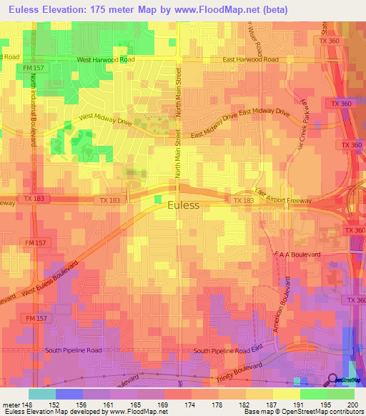 Euless,US Elevation Map