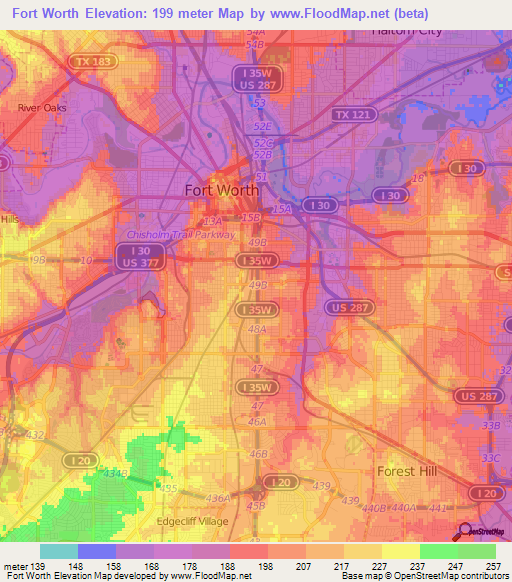 Fort Worth,US Elevation Map