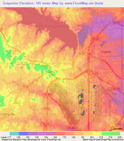 Grapevine,US Elevation Map