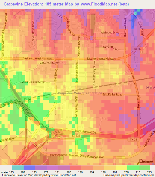 Grapevine,US Elevation Map