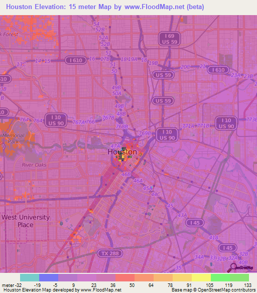 Houston,US Elevation Map