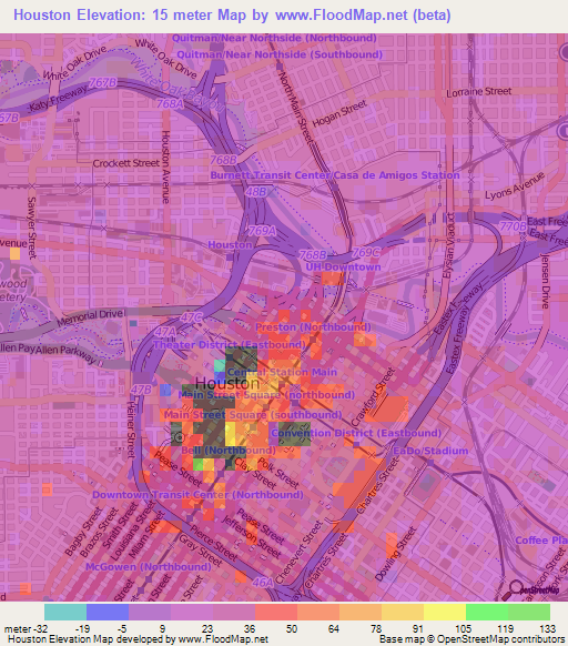 Houston,US Elevation Map