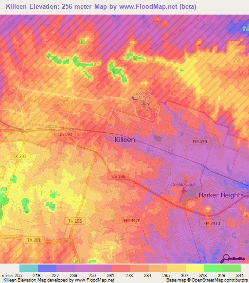 Killeen,US Elevation Map