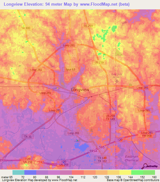 Longview,US Elevation Map