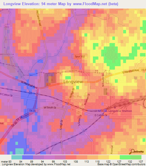 Longview,US Elevation Map