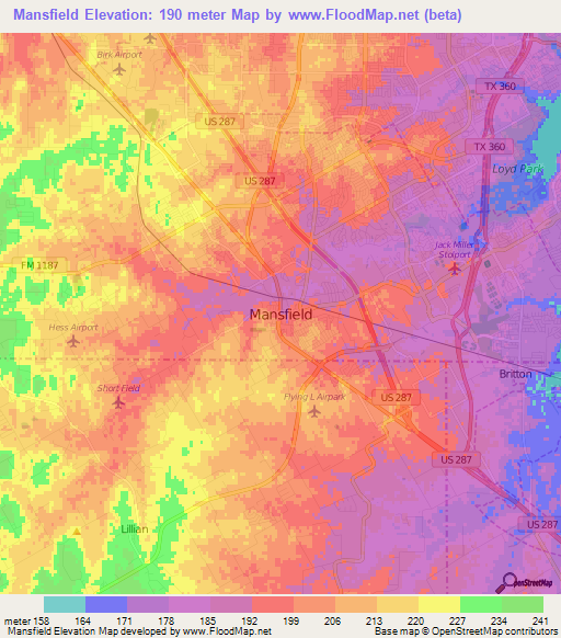 Mansfield,US Elevation Map