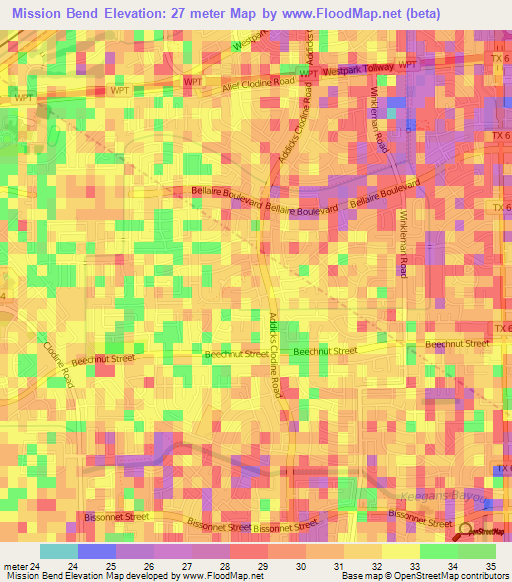 Mission Bend,US Elevation Map