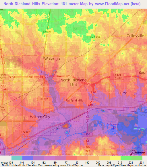 North Richland Hills,US Elevation Map